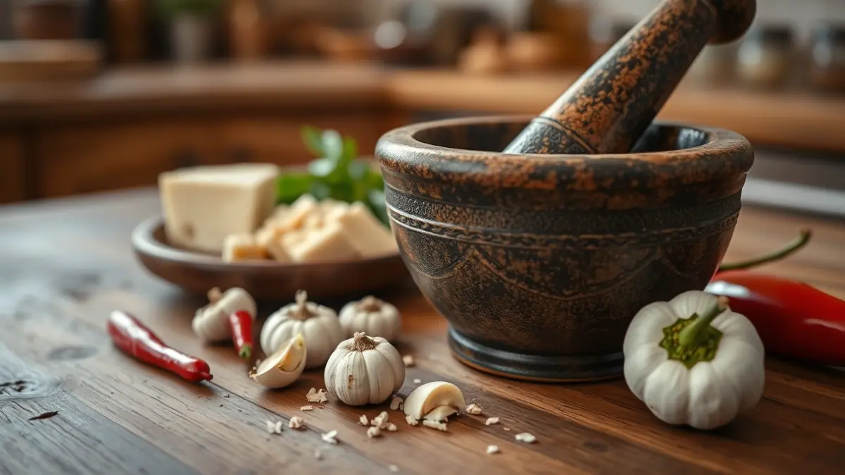 Generic image of a mortar and pestle with almogrote ingredients, symbolizing artisanal preparation.