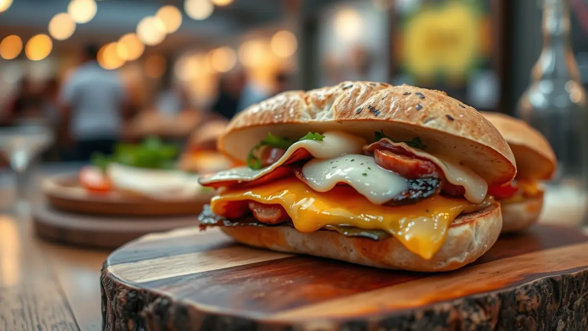 Image of a gourmet sandwich with cheese and other ingredients, presented on a wooden board.