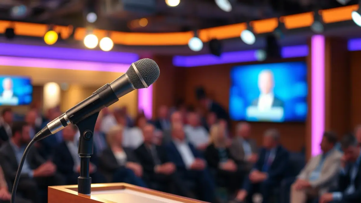 Generic image of a microphone in a television studio, with a blurred audience in the background.
