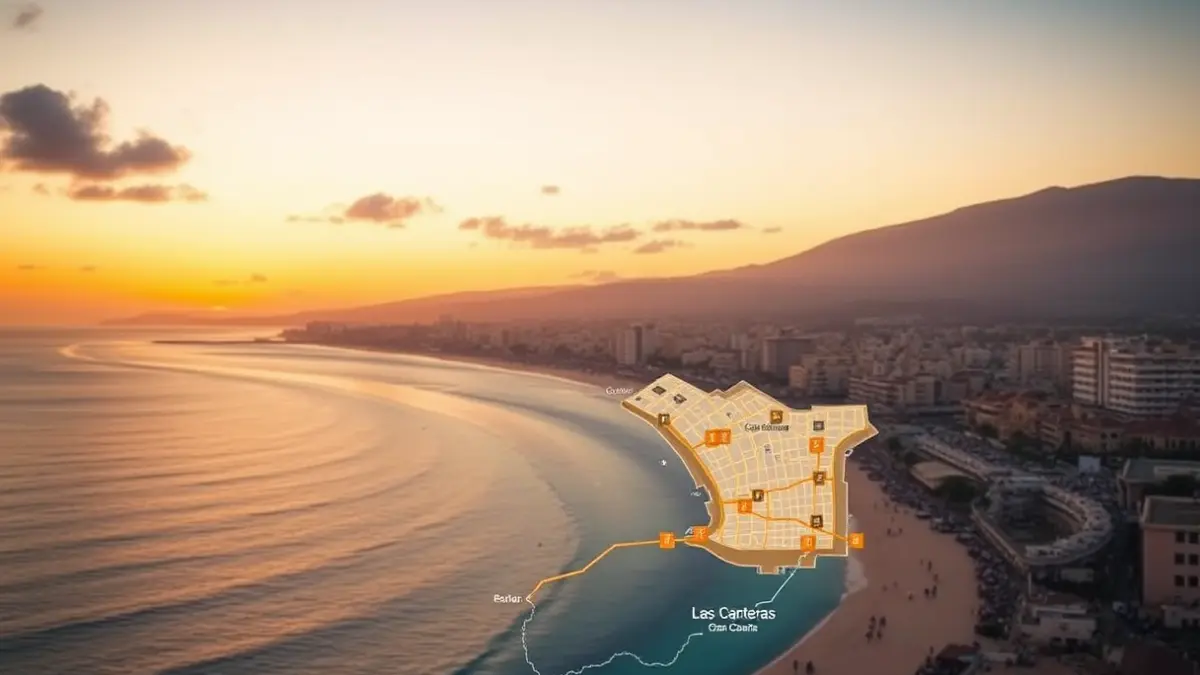 Mapa de la playa de Las Canteras en Gran Canaria con una zona destacada, bajo un cielo de atardecer.