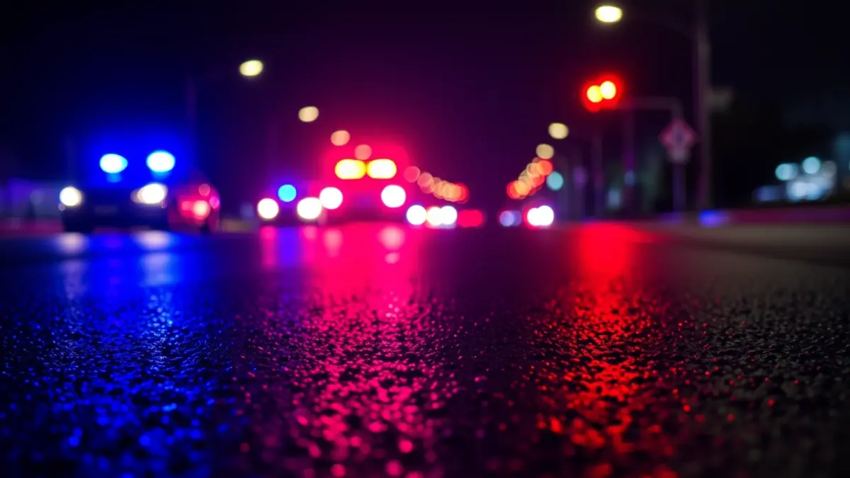 Generic image of emergency lights reflecting on wet asphalt.