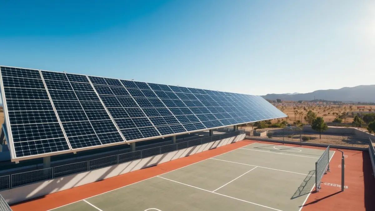Paneles solares integrados como cubierta en una cancha deportiva, generando sombra y energía.