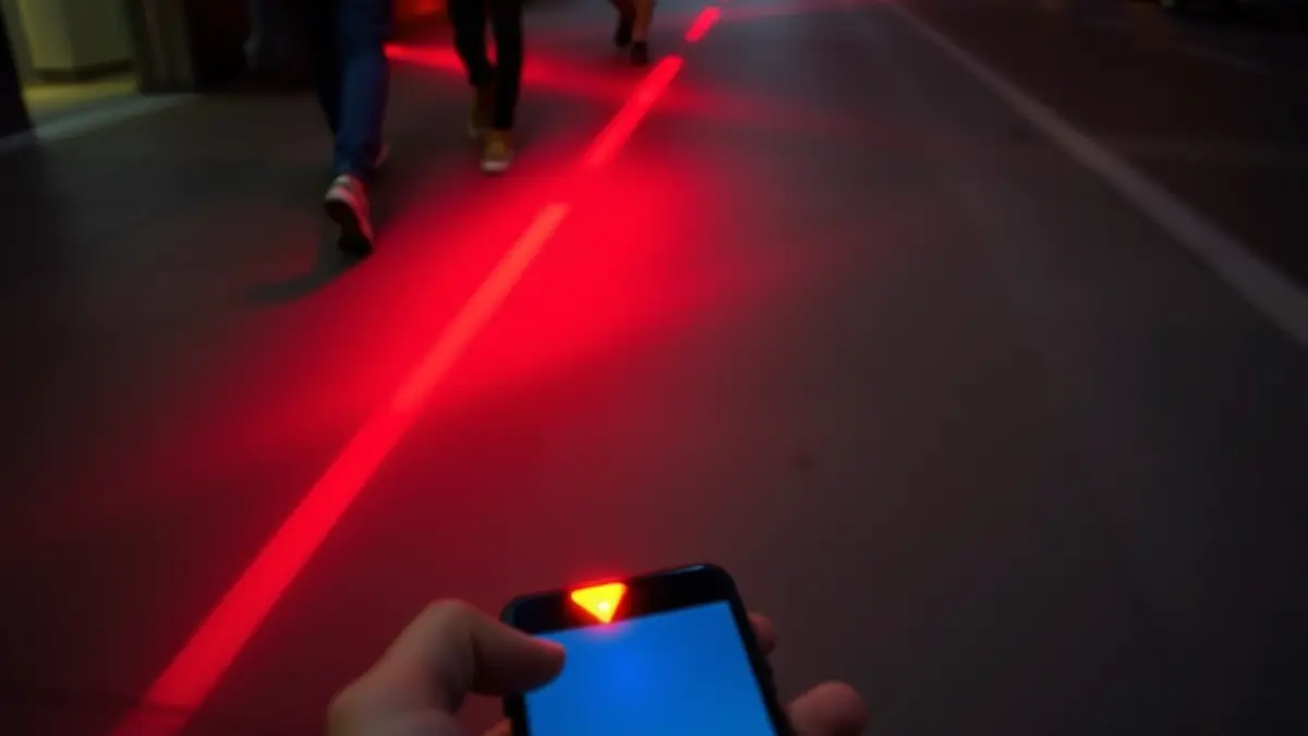 Generic image of a red light beam projected onto asphalt for pedestrians.
