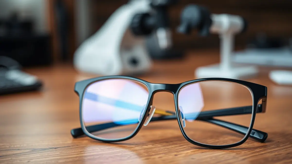 Imagen genérica de unas gafas modernas sobre un escritorio de madera, con equipo óptico desenfocado al fondo.