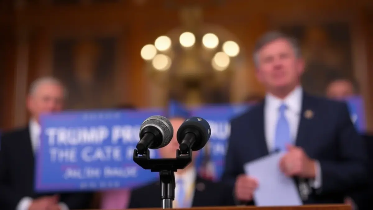 Generic image of a microphone on a podium during a press conference.