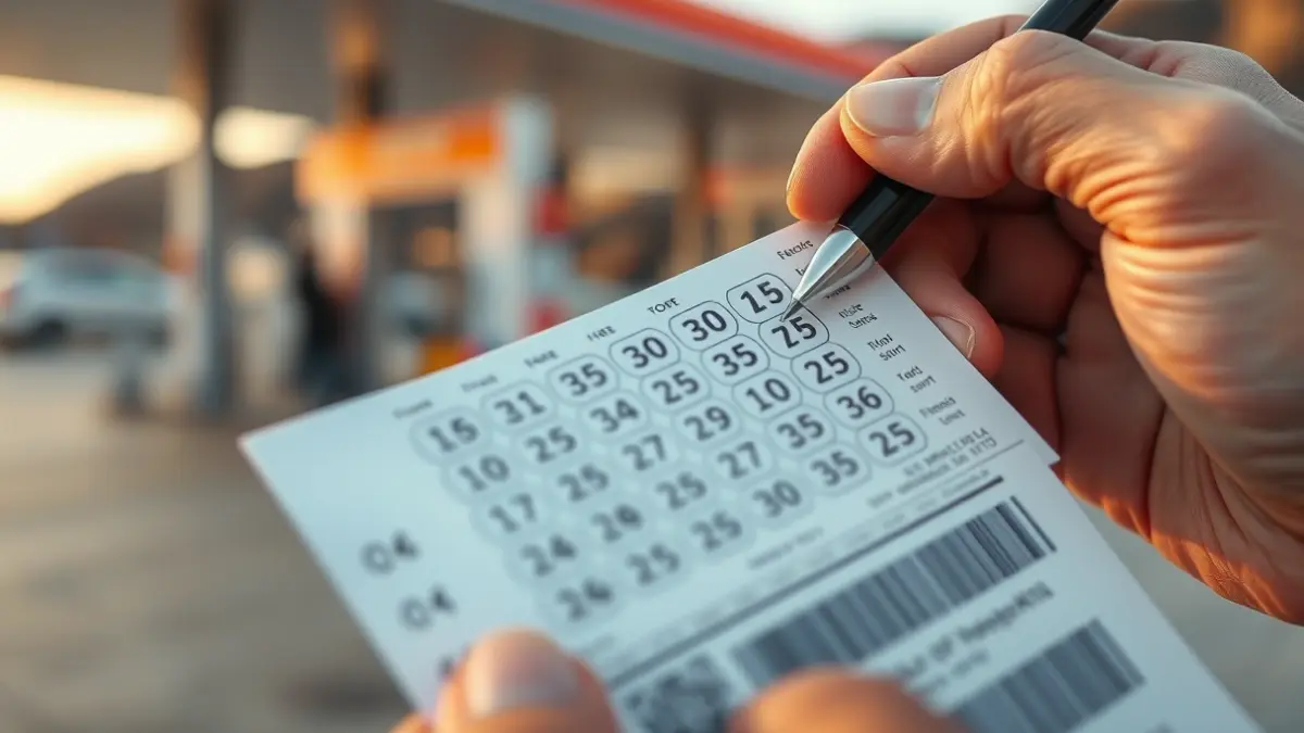 Image of a lottery ticket with blurred numbers, a hand holding a pen, and a subtle background of a service station in the Canary Islands.