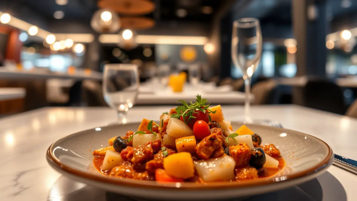 Plato gourmet en un restaurante con ambiente moderno