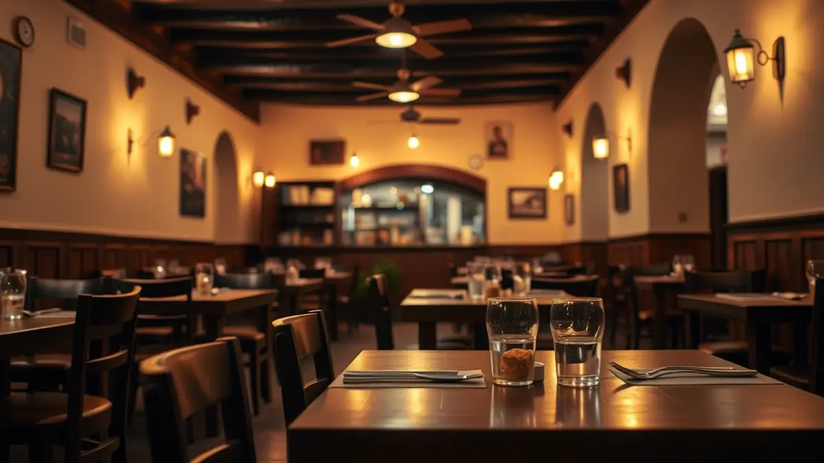 Generic image of a cozy restaurant with wooden tables and warm lighting.
