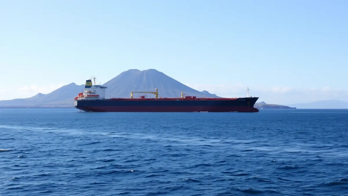 Image of a supertanker sailing near a volcanic island coast.