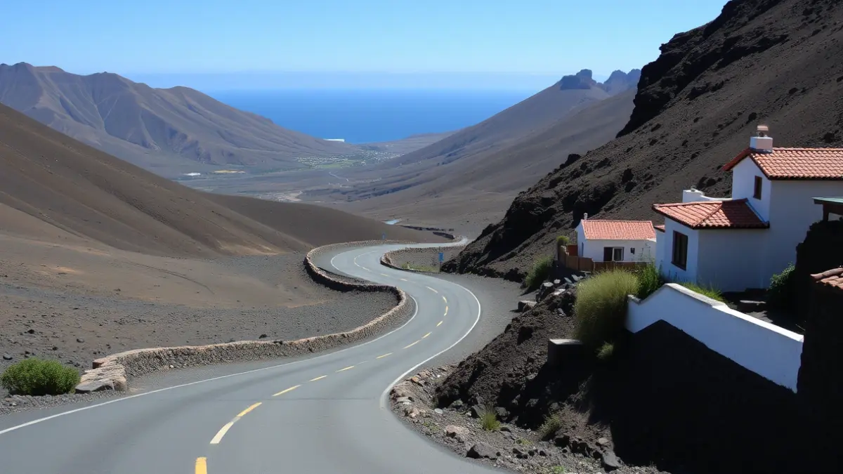 Imagen de una carretera escénica en Gran Canaria, con paisajes volcánicos y el mar de fondo.
