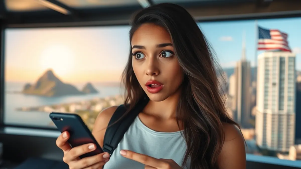 Imagen de una joven con un teléfono móvil, con un fondo que mezcla paisajes canarios y urbanos estadounidenses.