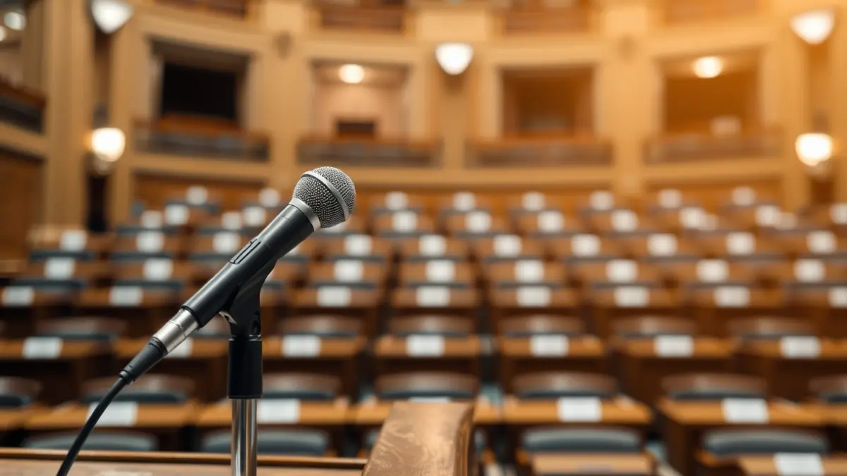 Imagen genérica de un micrófono en un podio en una sala legislativa, simbolizando el debate político.