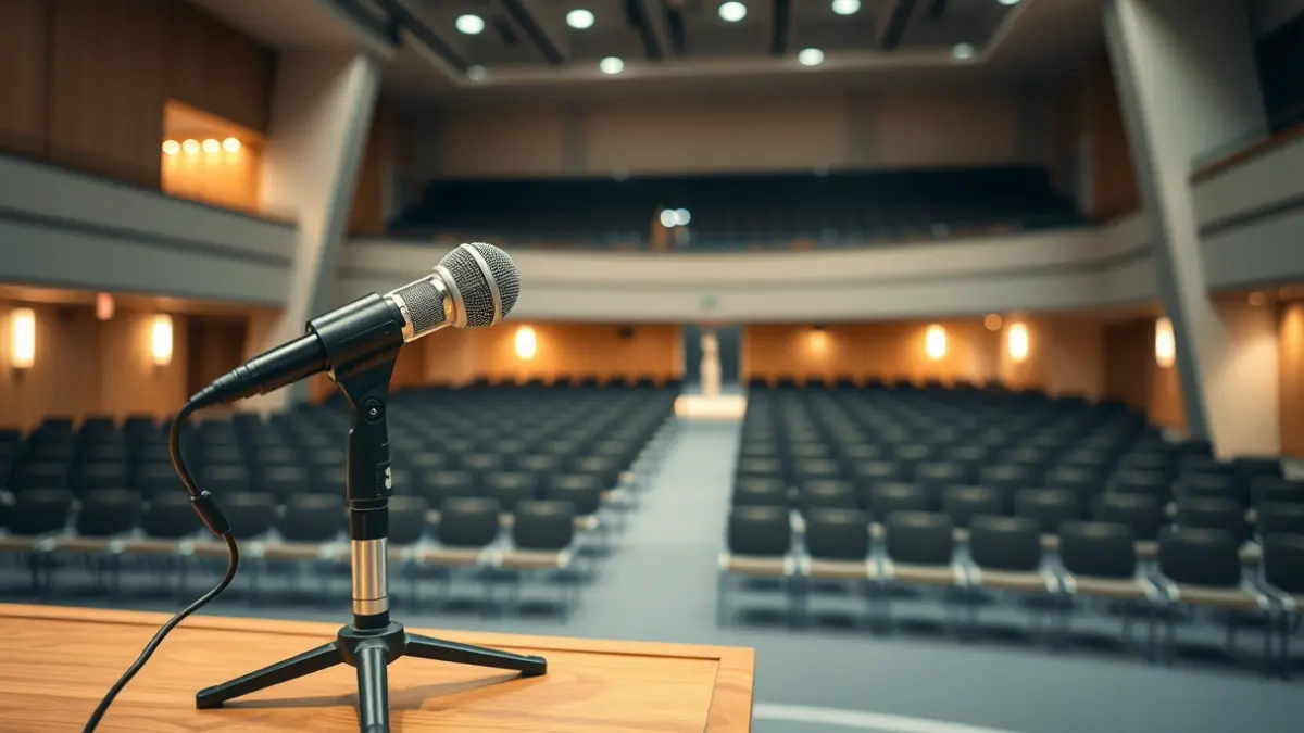 Generic image of a microphone on a podium, symbolizing a talk or conference.