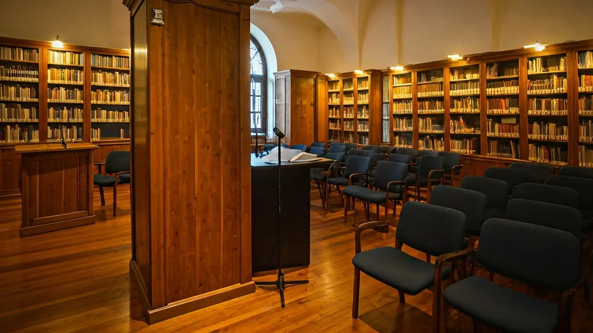 Generic image of an auditorium or library, with a microphone and chairs, evoking a cultural atmosphere.