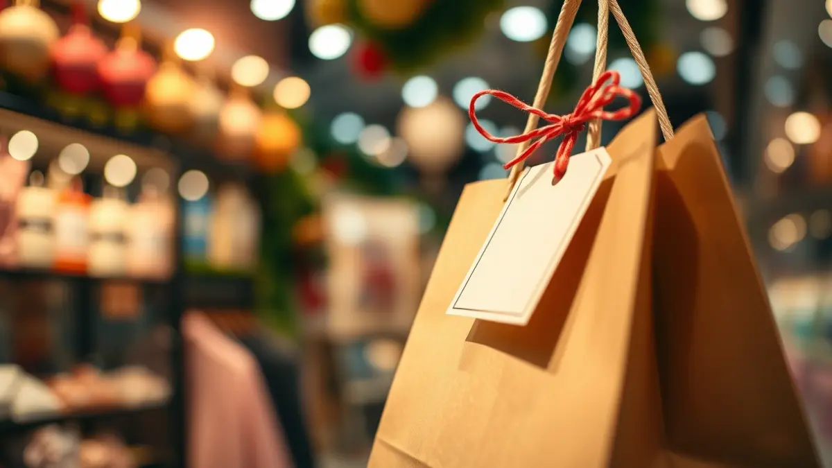Imagen genérica de una bolsa de compras con una etiqueta de regalo, simbolizando el comercio local.