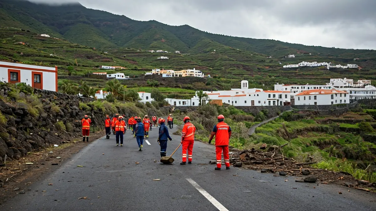 Trabajadores retirando escombros de una carretera en un paisaje montañoso de La Gomera.