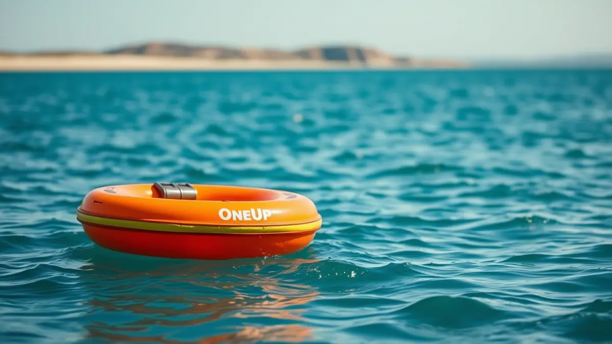 Dispositivo de rescate OneUP flotando en el mar cerca de una playa.
