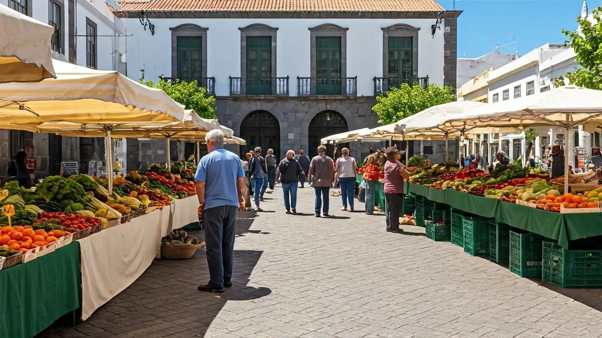 Imagen de un mercado al aire libre con productos locales y gente comprando.