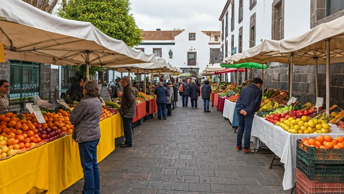 Generic image of an outdoor market with local products and people shopping.