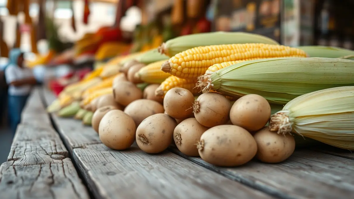 Imagen genérica de papas y millo en un mercado tradicional canario.