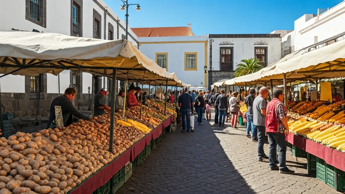 Imagen de un mercado al aire libre con puestos de productos agrícolas como papas y millo.