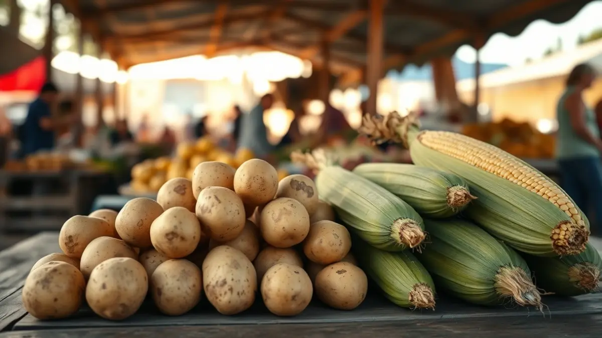 Imagen genérica de papas y millo en un mercado agrícola.