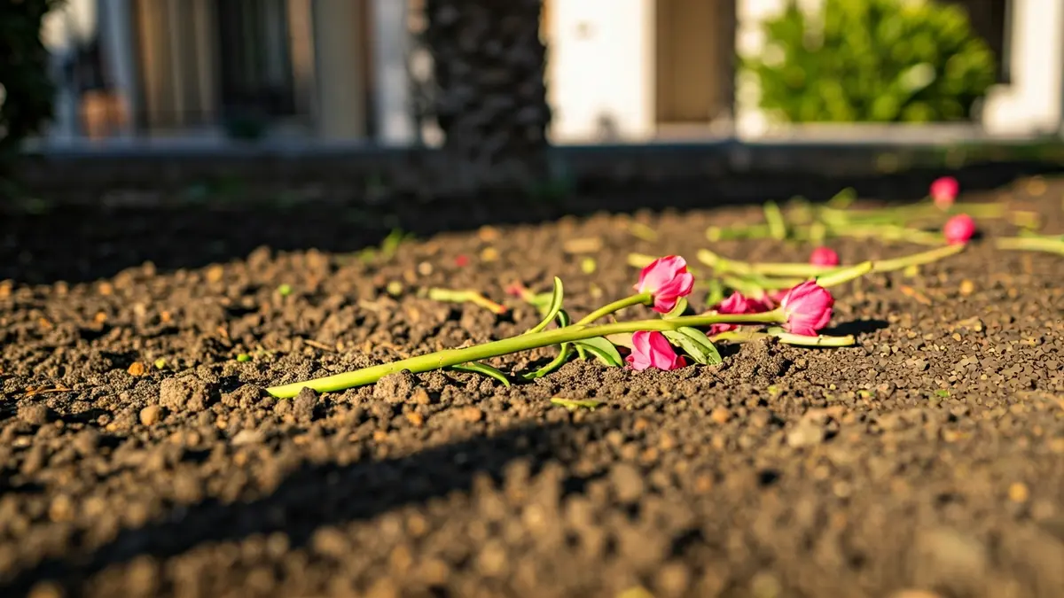 Recently planted flowerbed with uprooted or trampled flowers in Santa Cruz de Tenerife.