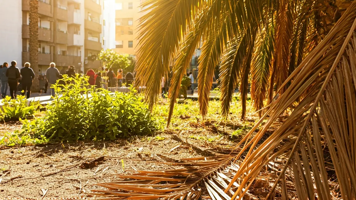 Imagen de un jardín público descuidado con palmeras secas y malas hierbas.