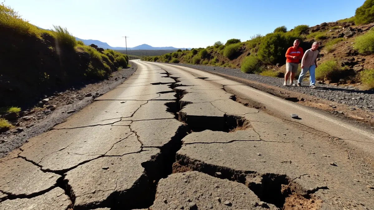 Imagen de una carretera rural en mal estado en un paisaje volcánico de Canarias.