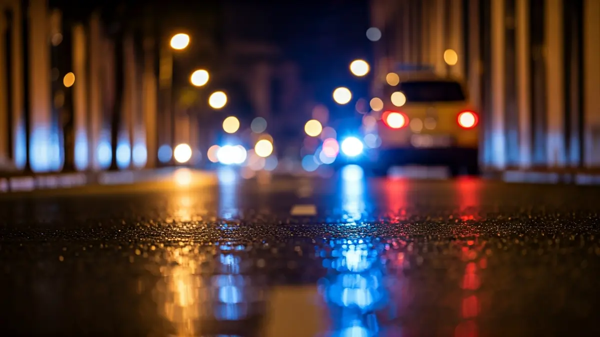 Imagen genérica de luces de emergencia reflejadas en el asfalto mojado por la noche.