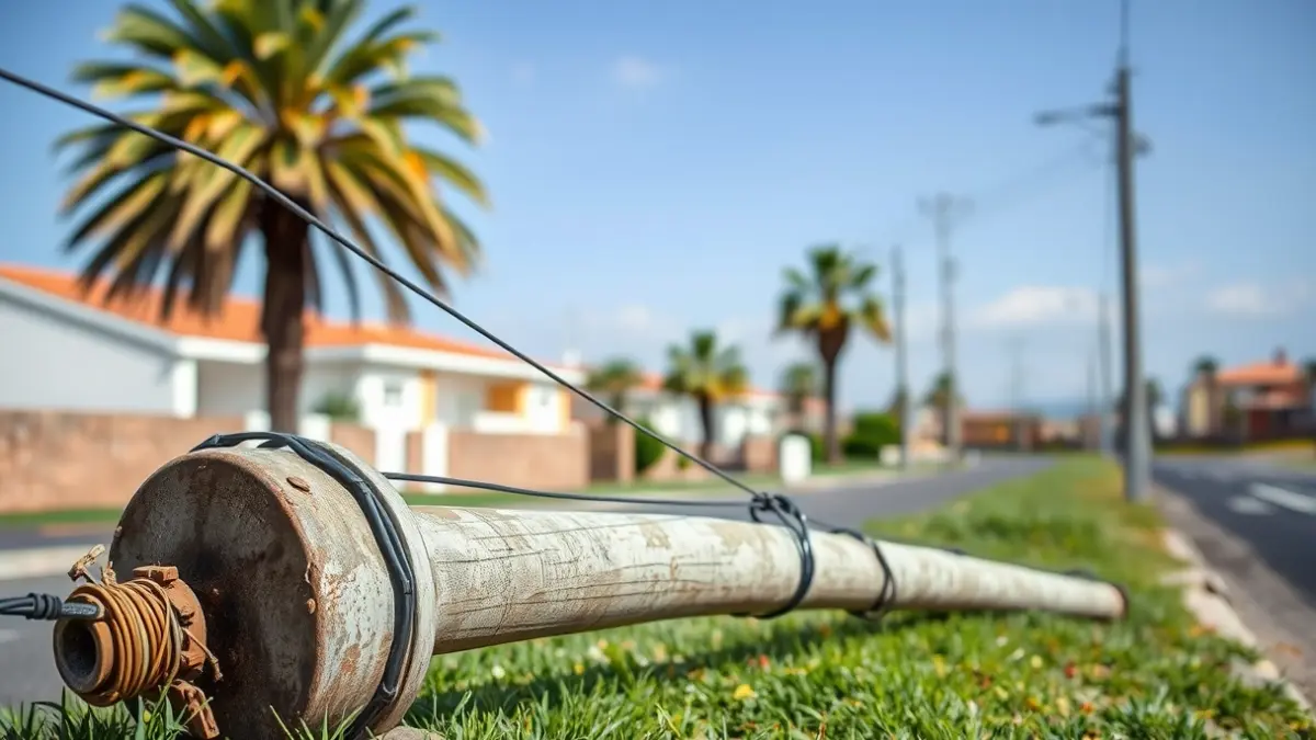 Image of a fallen utility pole on a residential street in the Canary Islands, with exposed wires.