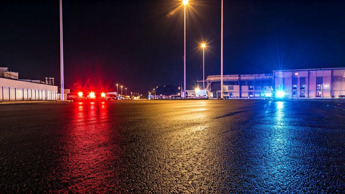 Imagen genérica de luces de emergencia policiales reflejadas en el asfalto mojado de noche.