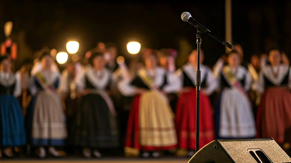 Escenario de gala con iluminación cálida y un ambiente festivo, con figuras borrosas en trajes tradicionales canarios.