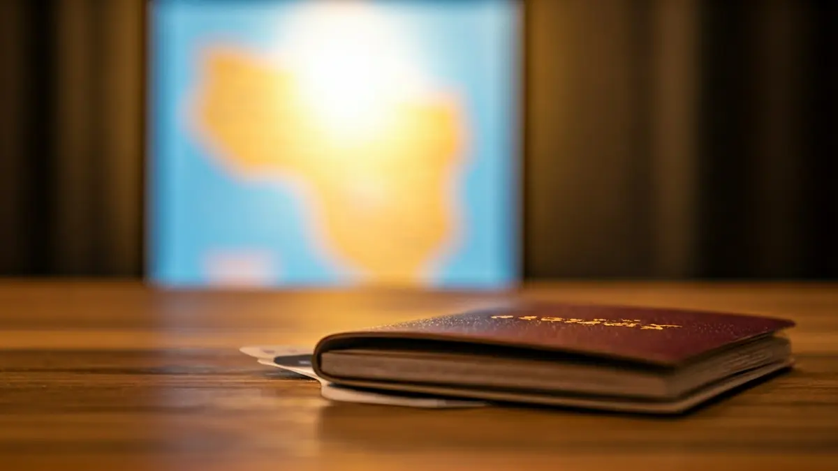 Generic image of a passport and a plane ticket on a table, with a blurred map of the Canary Islands in the background.