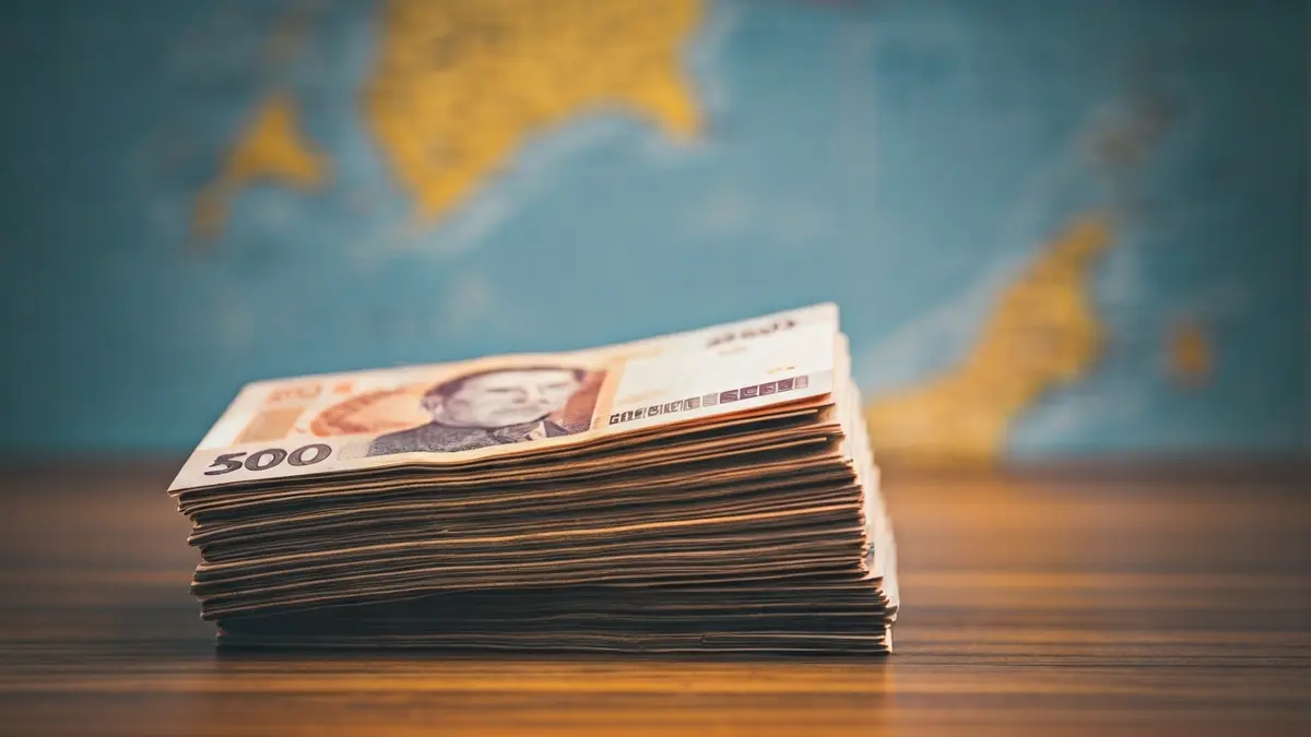 Billetes de bolívares venezolanos y dólares estadounidenses apilados, con un mapa borroso de las Islas Canarias de fondo.