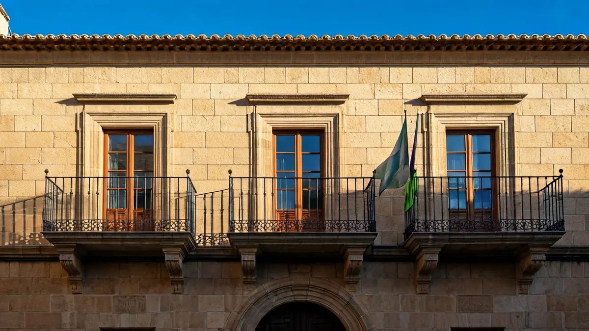 Fachada de un ayuntamiento tradicional canario con balcón de hierro forjado.