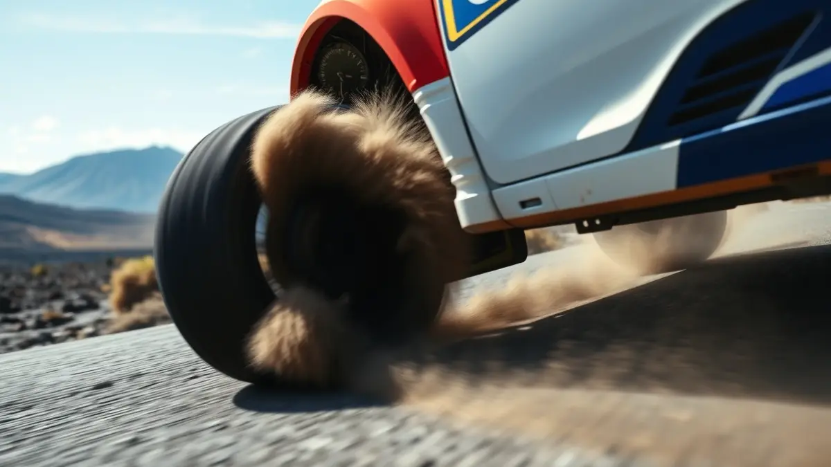 Imagen de un coche de rally en acción en una carretera canaria, levantando polvo.