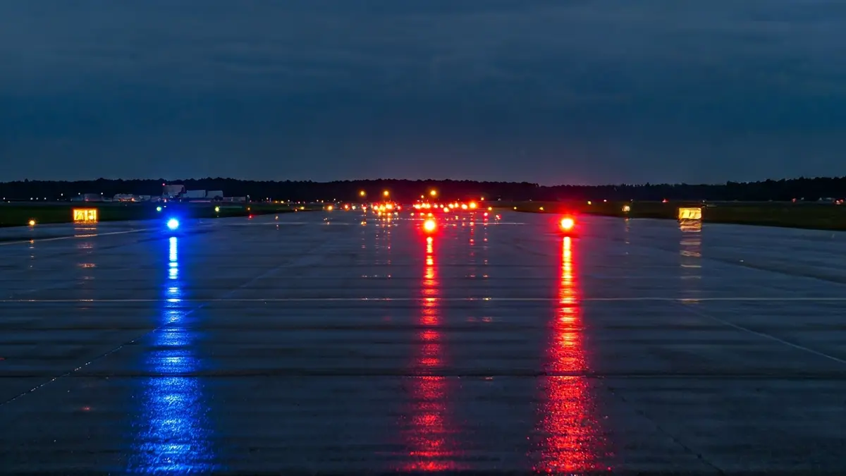 Generic image of an airport runway with emergency lights and wind effects.