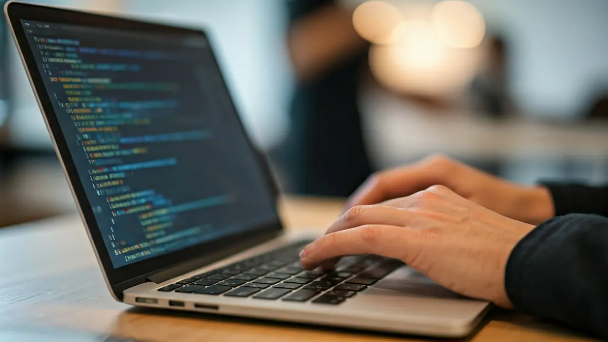 Imagen genérica de una persona utilizando un ordenador portátil, con el teclado en primer plano y la pantalla borrosa.