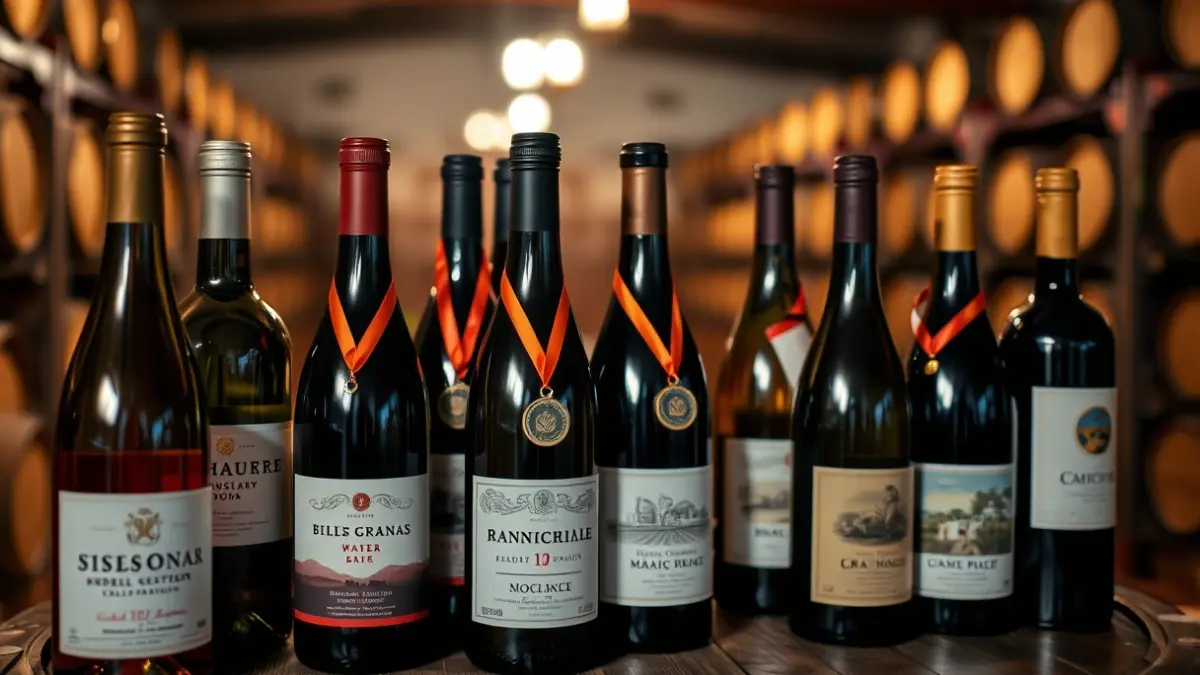 Imagen genérica de botellas de vino con medallas de premios.