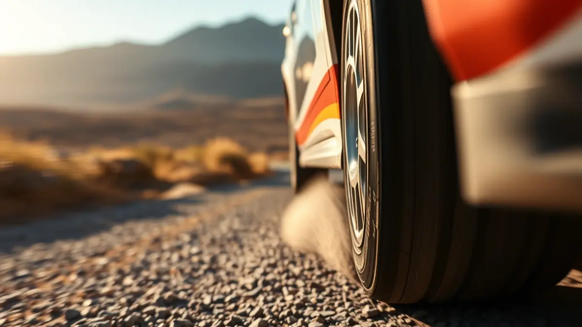 Imagen genérica de un neumático de coche de rally en una pista de tierra.