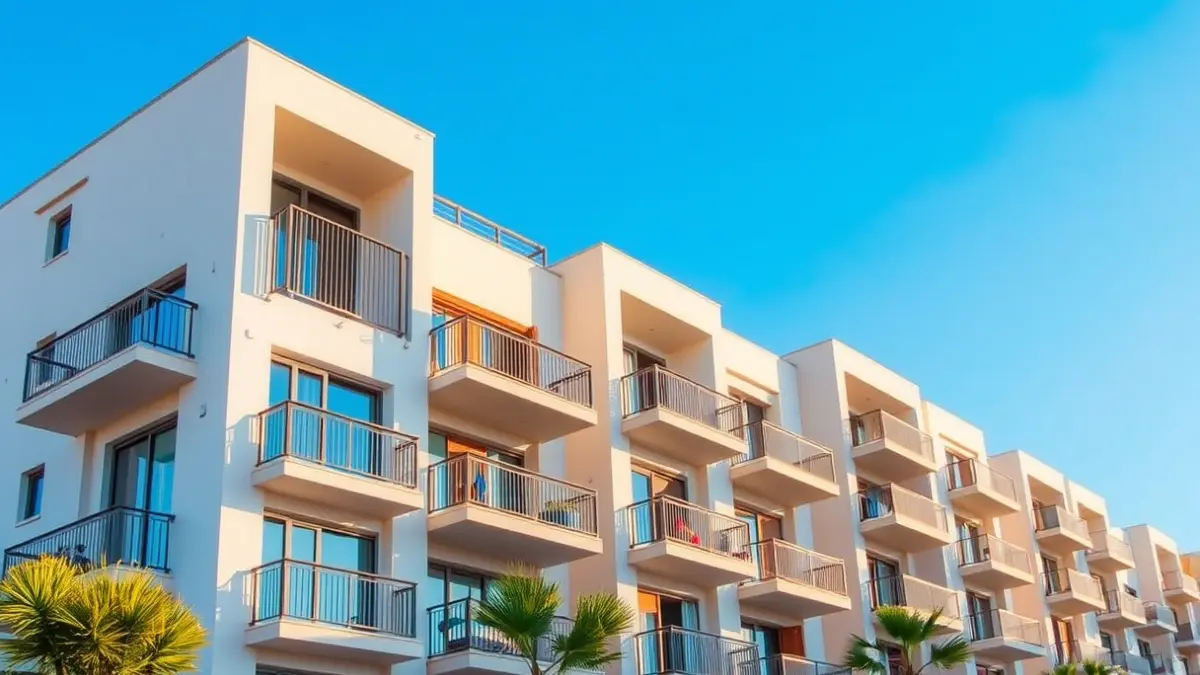 Generic image of a modern residential building with balconies under a blue sky.