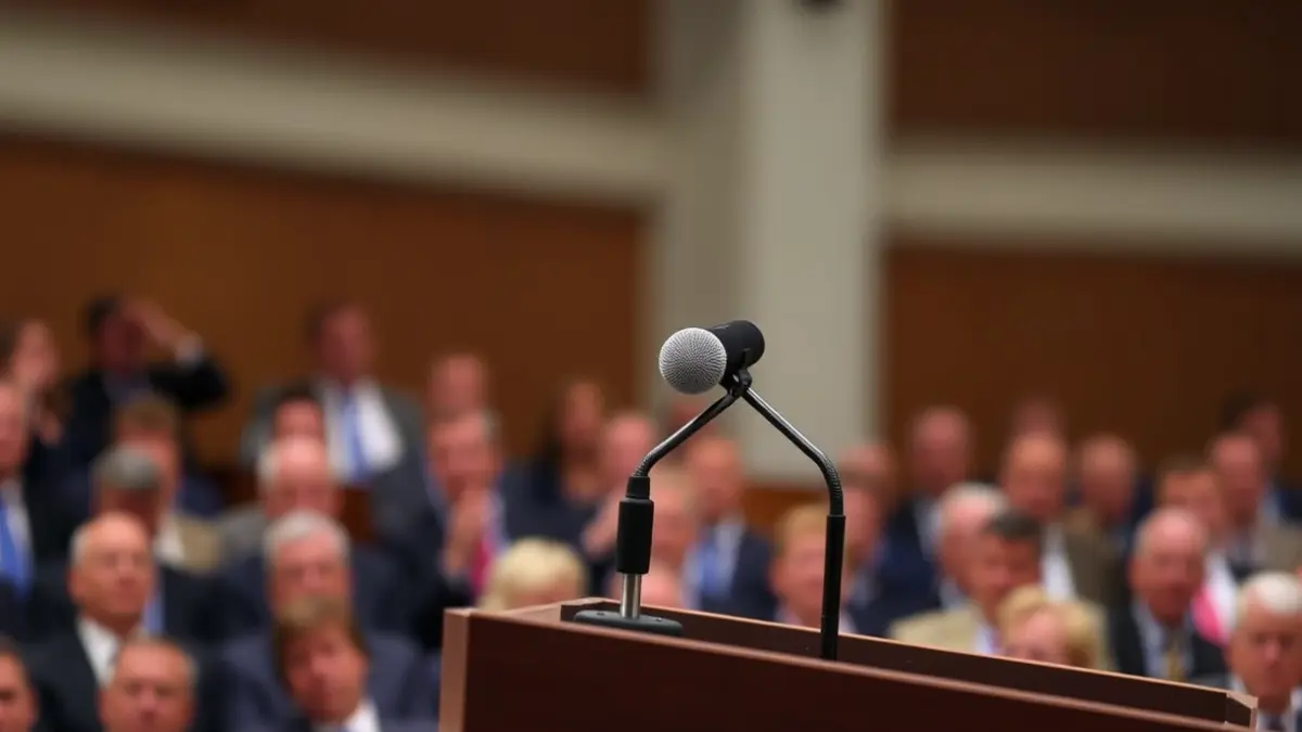 Generic image of a microphone on a podium, symbolizing a political debate.