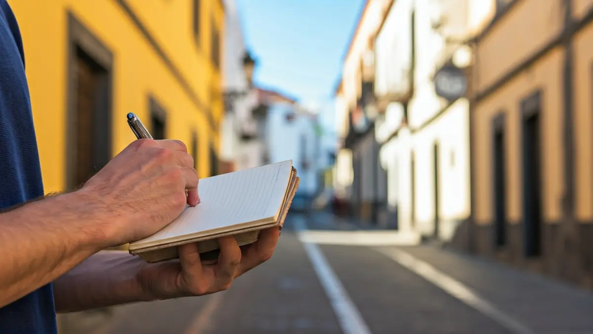 Imagen de un joven escribiendo en un cuaderno, con un fondo urbano canario desenfocado.