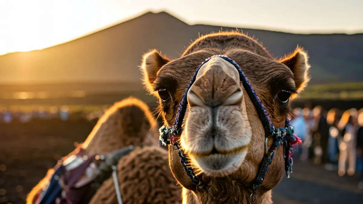 Imagen de un camello con arnés en un paisaje volcánico de Lanzarote.