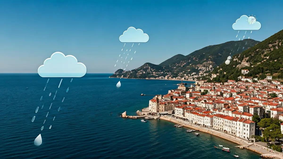 Imagen genérica de un pronóstico del tiempo con nubes, lluvia y viento.