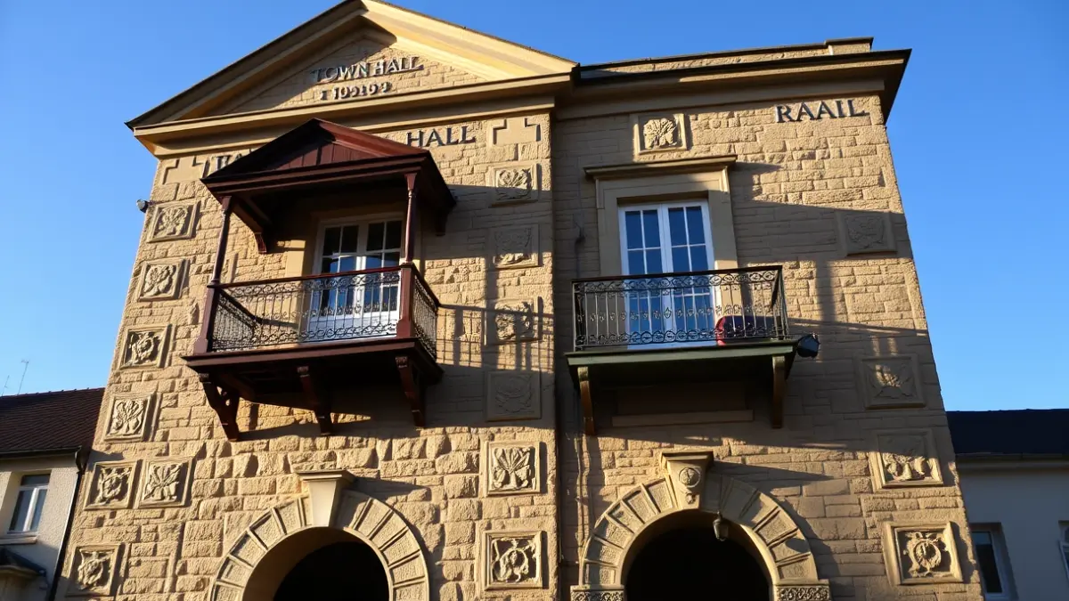 Stone town hall facade with balcony and iron railings, under warm afternoon sunlight.