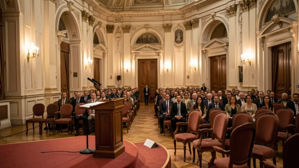 Generic image of an institutional act in a conference hall.