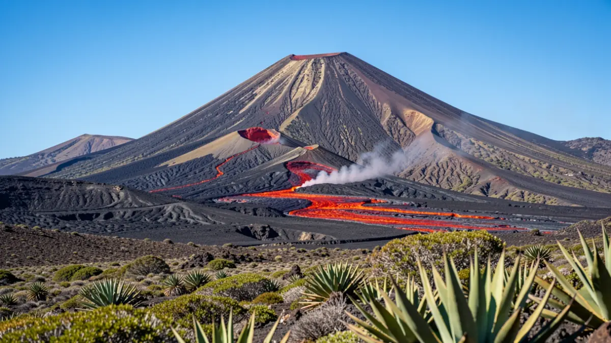 Paisaje volcánico de La Palma con el cono del volcán Tajogaite y coladas de lava.