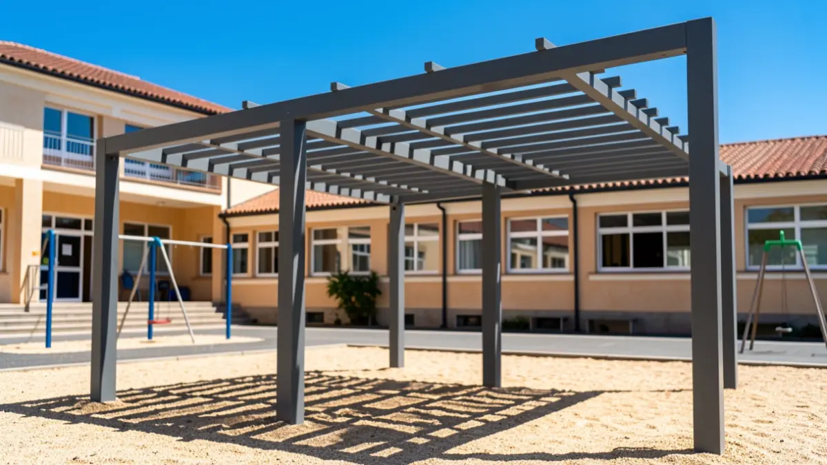 Image of a pergola installed in a schoolyard to provide shade.